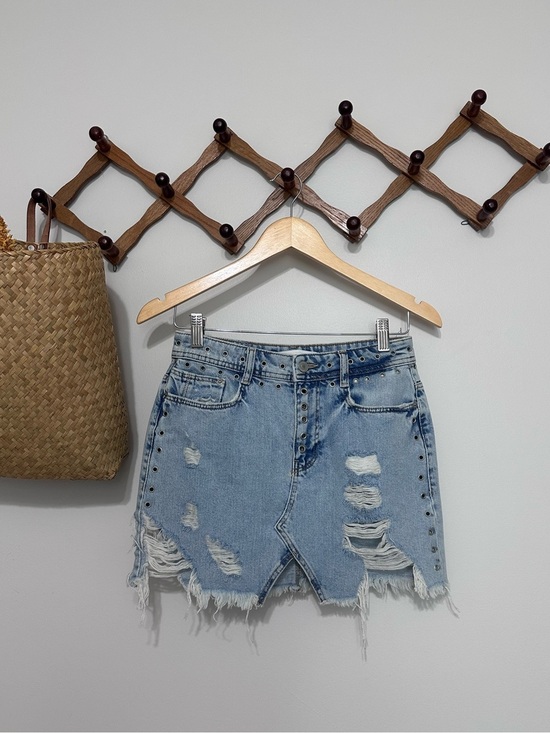 Zara Pants - Zara Light Blue Distressed Denim Mini Skirt with Stud Details